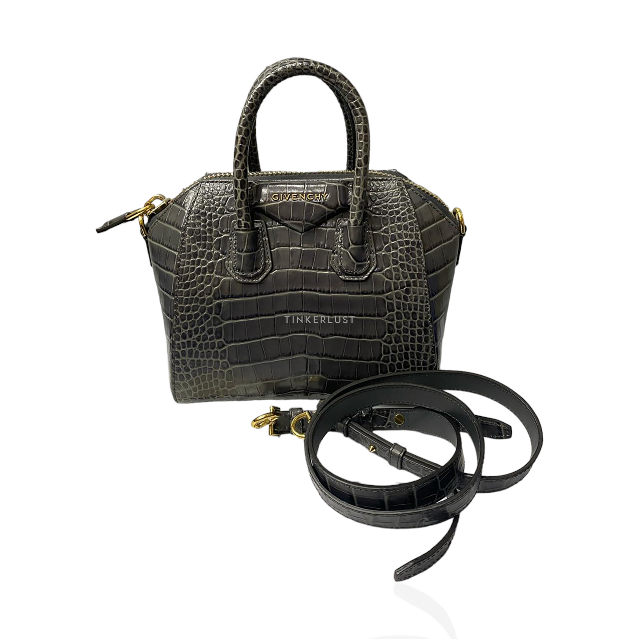 tas satchel Givenchy Antigona Mini Dark Grey Croco Embossed 2019